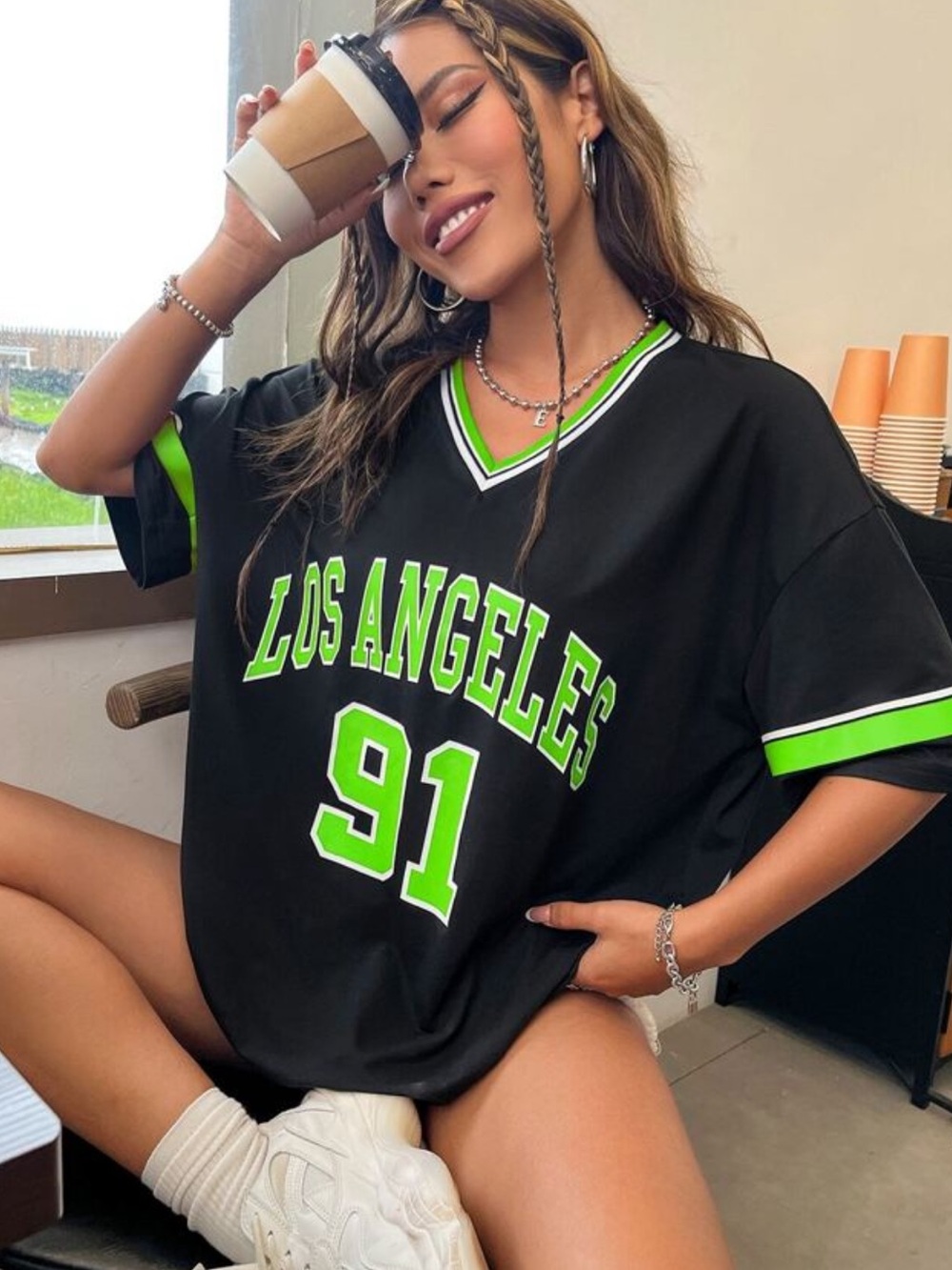 SHEIN Los Angeles 91 Black Tee with Neon Green Trim
